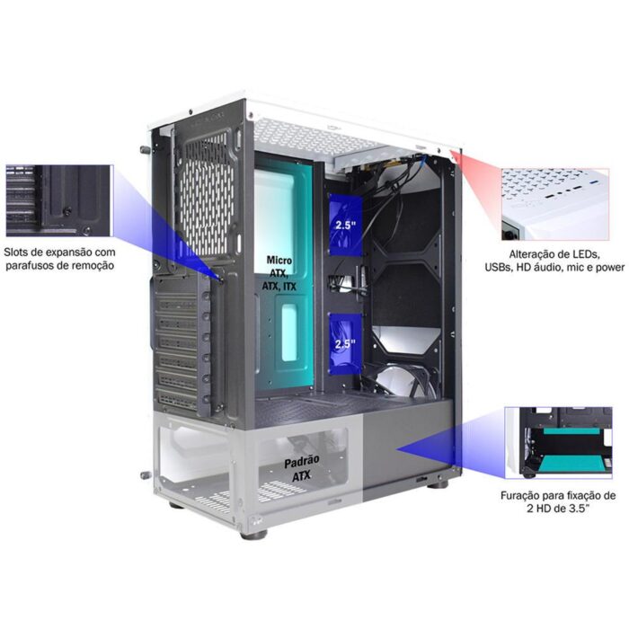 Gabinete Gamer K-mex Jaeger White II CG-W2TJ, Mid-Tower, Vidro Temperado, Fita Led RGB 02