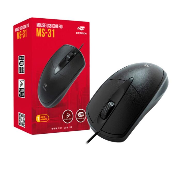 Mouse C3Tech USB com fio, 3 Botões MS-31BK 01