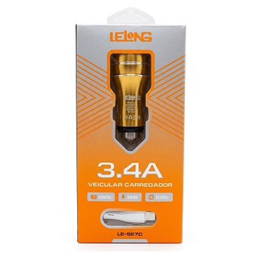 CARREGADOR VEICULAR 17W, 3.4A, 2USB, LELONG, LE-527C